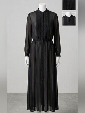 Vintage Ms. Chaus Sheer Black Maxi Dress | Pleated Tuxedo Bodice | Size 9/10